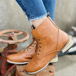 Women lace up chunky heel high cut ankle brown boots