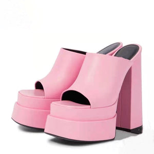 Women suqare peep toe chunky high slide platform heels