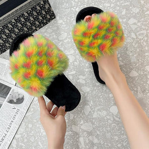 Women's colorful patchwork fuzzy slippers indoor shoes