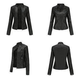 Women motorcycle standing collar long sleeve cropped coat & jacket