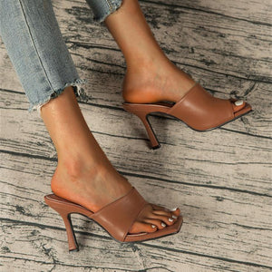 Women summer new fashion square ring toe strap slide stiletto heels
