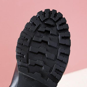 Women chunky heel platform lace up side zipper black mid calf boots