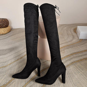 Women chunky heel pointed toe lace up over the knee boots