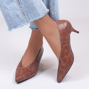 Women snakeskin print pointed toe slip on work comfortable heels