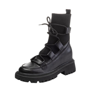 Women knit chunky heel platform lace up black short motorcycle boots