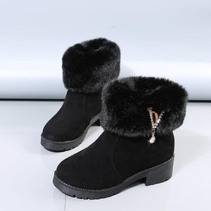 Women chunky heel rhinestone pendant faux fur short snow boots