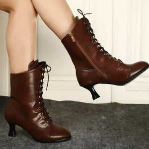 Women chunky heel side zipper lace up short boots