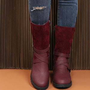 Women buckle strap chunky heel side zipper mid calf boots