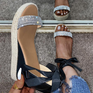 Women espadrille strappy lace up sparkly rhinestone wedge sandals