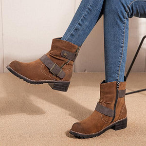 Women buckle strap chunky heel side zipper short boots