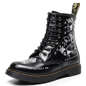 Women letters cartoon printed chunky platform lace up motorcyle boots