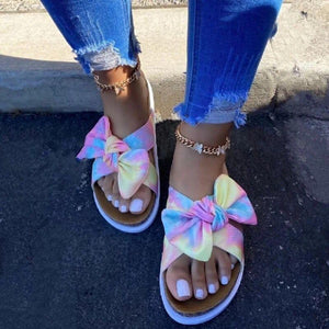 Women summer beach thick sole criss cross strap slide bow sandals