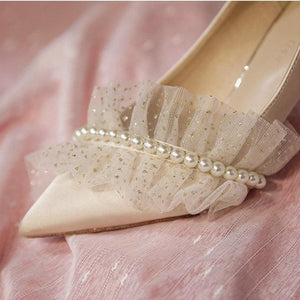 Women wedding pointed toe ruffle strap rhinestone bridal heels