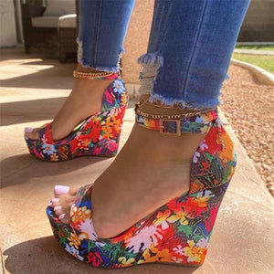 Women flowers printed buckle ankle strap peep toe wedge sandals