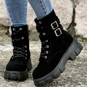 Women punk chunky platform lace up buckle strap black boots