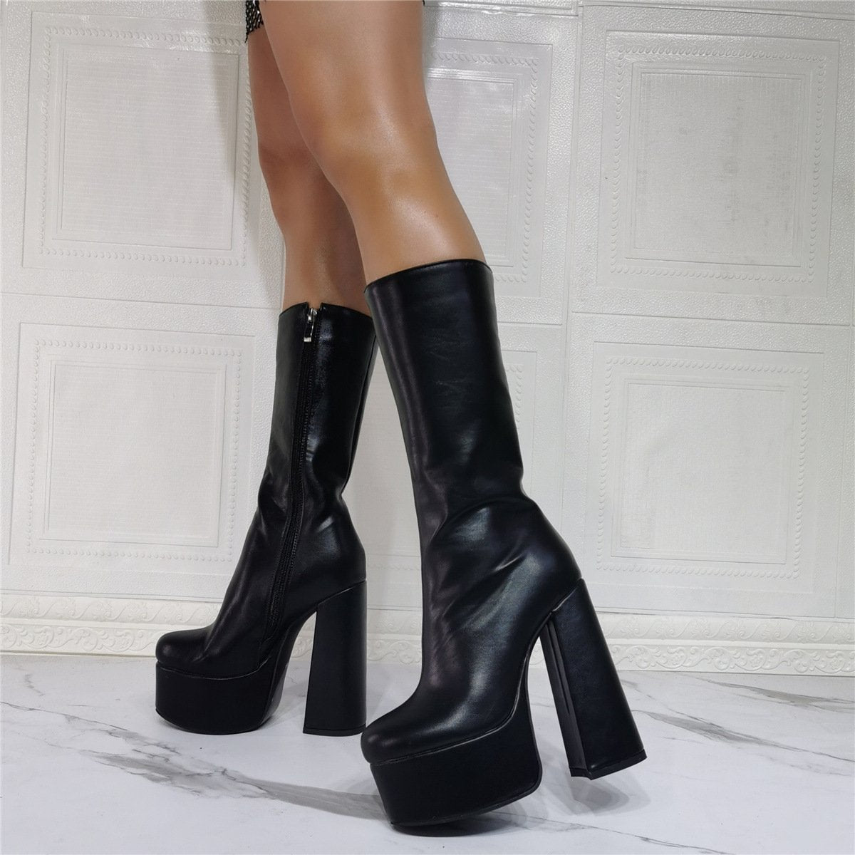 Women fashion black chunky heel platform mid calf boots