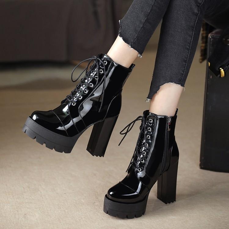 Women platform side zipper lace up chunky black heeled booties