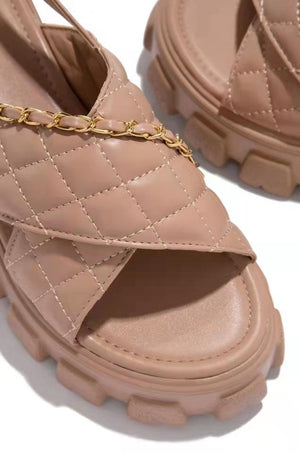 Women chain d¨¦cor criss cross peep toe ankle strap slingback platform sandals