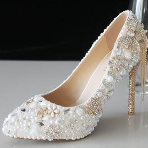 Women white rhinestone bowknot fringe gold stiletto wedding heels