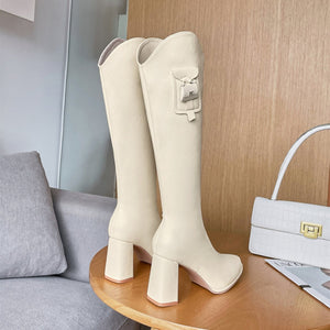 Women pointed toe chunky high heel slim fit knee high boots