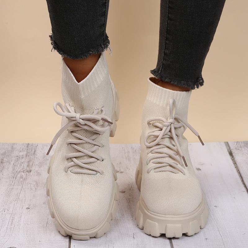 Women chunky platform fashion knit short lace up boots