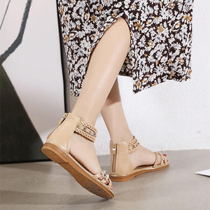 Women summer fashion woven ankle strap studded flat sandals