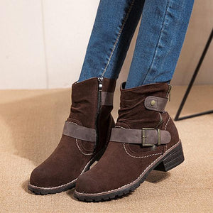 Women buckle strap chunky heel side zipper short boots