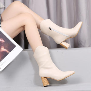 Women pointed toe stacked chunky high heel mid calf boots