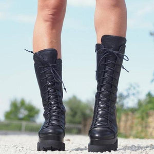 Women mid calf criss cross lace up chunky platform black boots