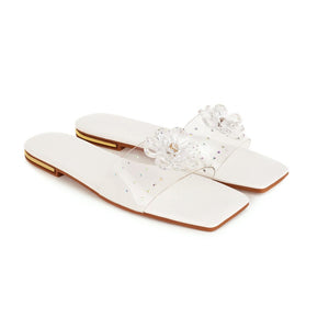 Women flower rhinestone clear strap square toe slide sandals