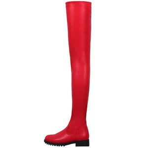 Women chunky heel side zipper elastic over the knee boots