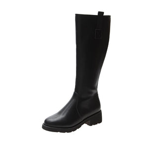 Women knee high chunky heel side zipper black boots