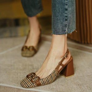 Women square close toe ring buckle ankle strap slingback chunky sandals