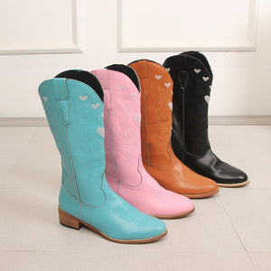 Women embroidered heart chunky heel slip on mid calf boots