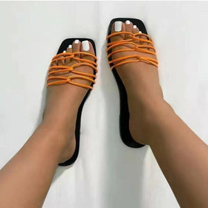 Women square peep toe criss cross strap flat slide sandals