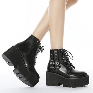 Women motorcycle platform lace up side zipper short black boots