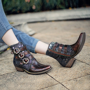 Women vintage casual snakeskin embossed pointed toe chunky heel cowboy boots