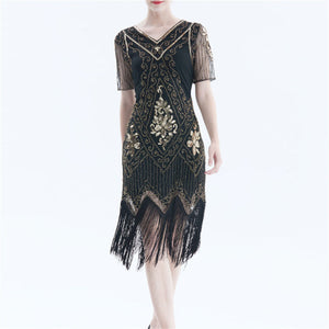 Lady's vintage 1920s sequins costume midi dress | Premium luxury retro tassels party dress