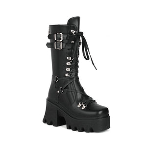 Women black motorcycle boots | Mid calf combat lace up buckle strap chunky platform boots