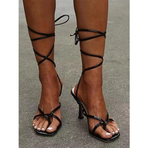 Women square open toe stiletto criss cross lace up strappy heels