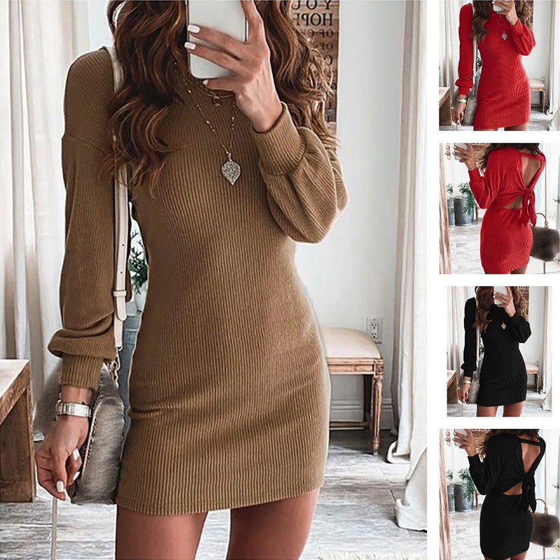 Fall winter sexy open back sweater shift dress | Long sleeves midi dress sweater dress