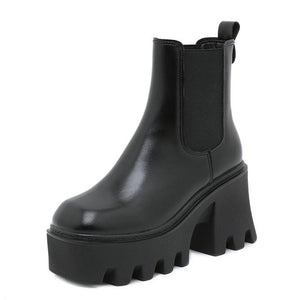 Women chunky platform slip on black chelsea boots