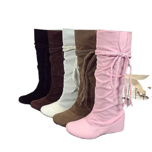 Women winter flat woven fringed knee high boots