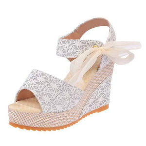 Women summer fashion flowers lace bowknot peep toe wedge sandals