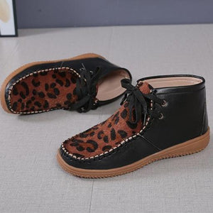 Women ankle flat heel lace up leopard booties