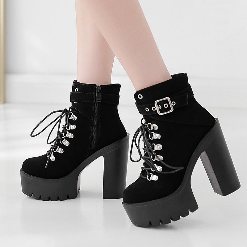 Women fashion buckle strap chunky heel platform lace up combat boots