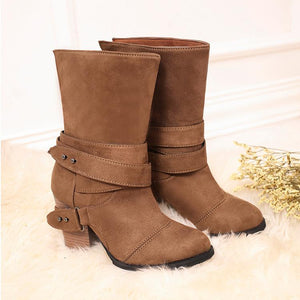 Women chunky high heel buckle strap slip on mid calf boots