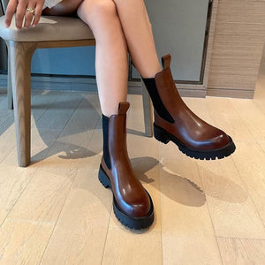 Women chunky platform round toe slip on short boots