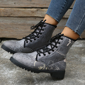 Women flower printed ankle boots chunky low heel lace up short boots