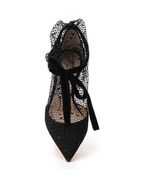 Women black high heels lace flower pointed toe stiletto heels